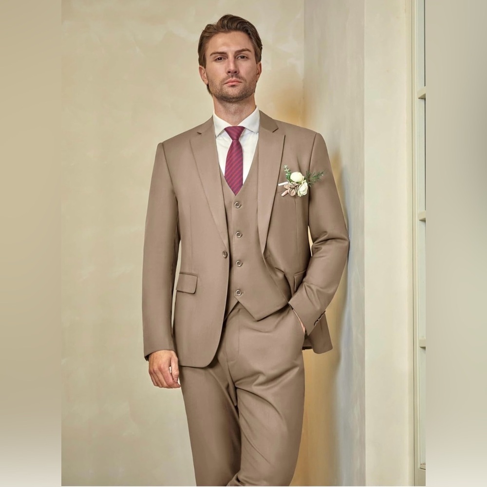 WULFUL Men's Slim Fit One Button 3-Piece Suit-Blazer, Vest, & Pant